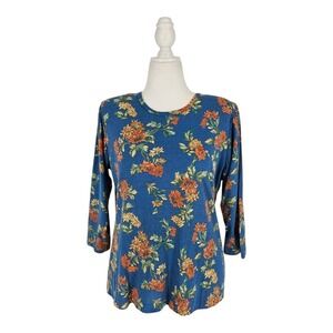 Vintage BonWorth Floral Top‎ Women Size Large Blue Orange 3/4 Sleeve Made in USA